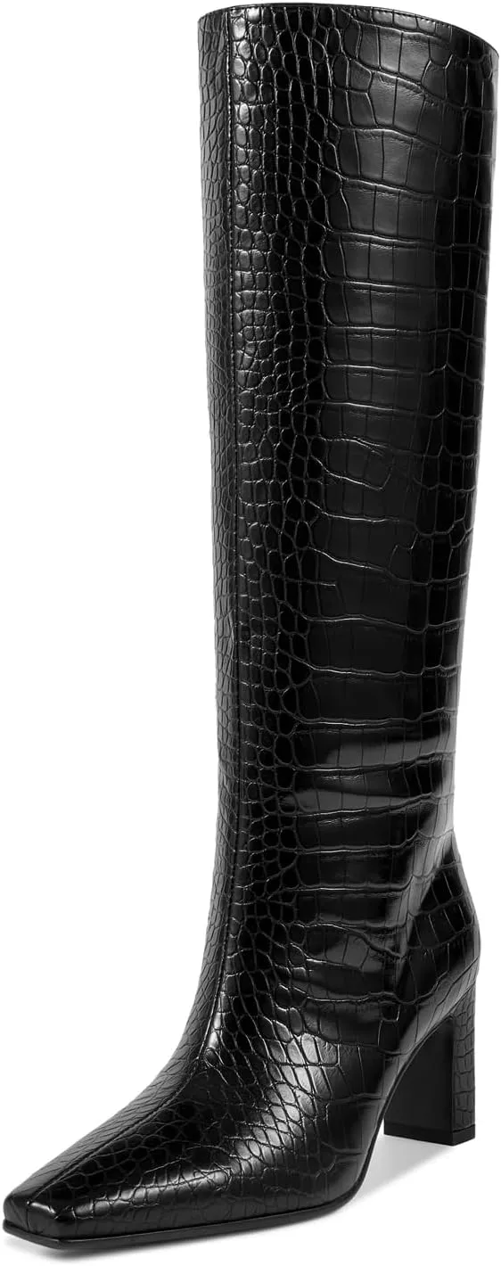 wetkiss Straight Leg Knee High Boots for Women Regular Calf Friendly Square Toe Faux Leather Crocodile Print Mid Heel Comfortable Boots