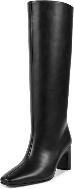 wetkiss Straight Leg Knee High Boots for Women Regular Calf Friendly Square Toe Faux Leather Crocodile Print Mid Heel Comfortable Boots