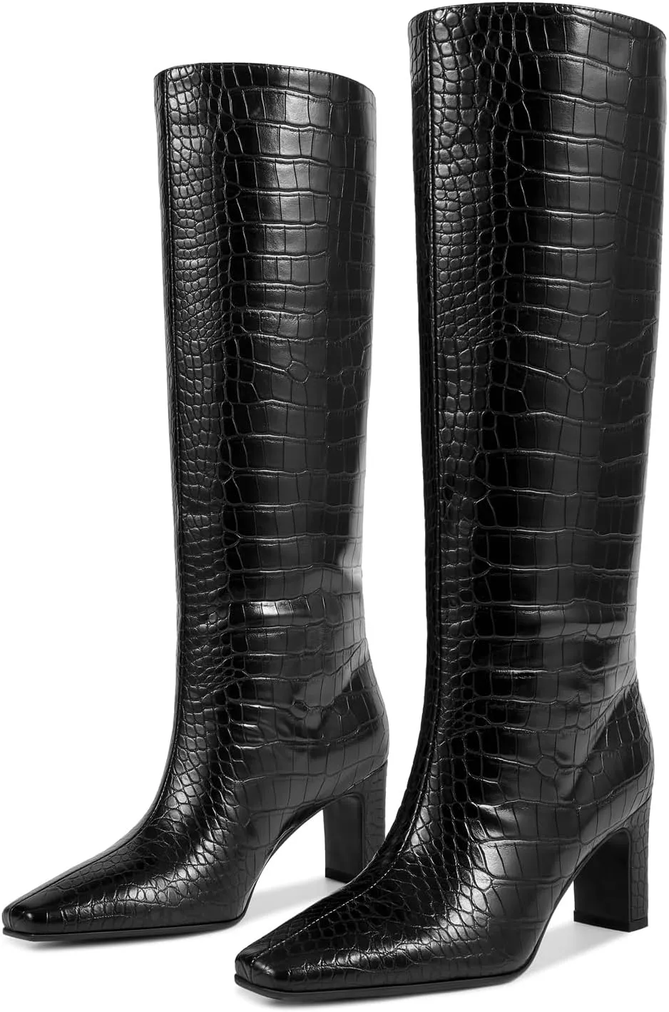 wetkiss Straight Leg Knee High Boots for Women Regular Calf Friendly Square Toe Faux Leather Crocodile Print Mid Heel Comfortable Boots