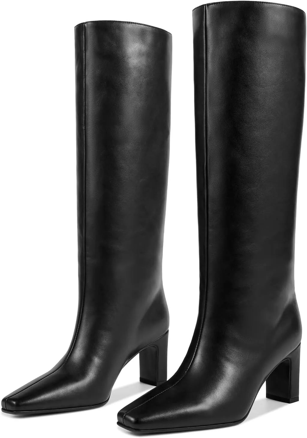 wetkiss Straight Leg Knee High Boots for Women Regular Calf Friendly Square Toe Faux Leather Crocodile Print Mid Heel Comfortable Boots