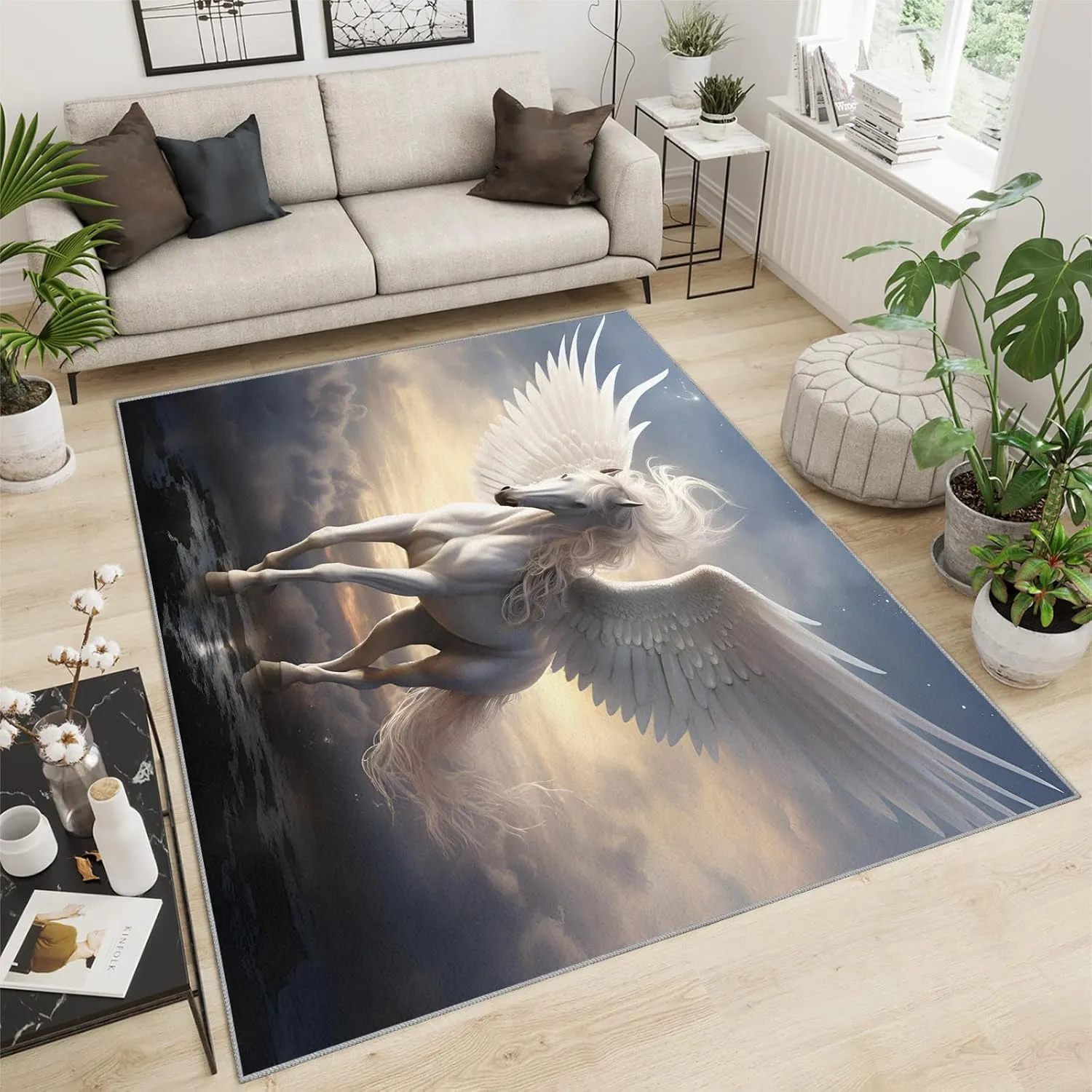 White Horse Rug & Home Decor - 2x6 Rug, Wings Animal Runner Rug, Fantasy Flying Horse Rugs, Machine Washable Rug Soft Non Slip Kitchen Laundry Room Entryway Bedroom