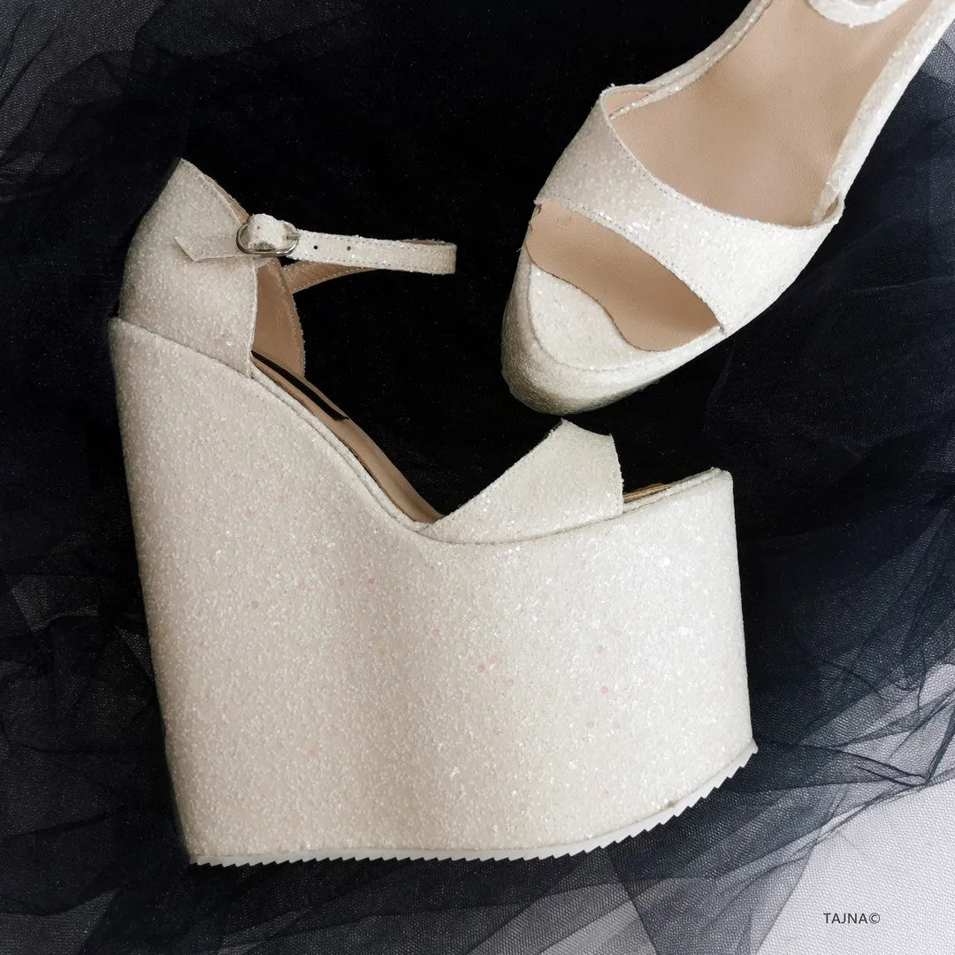 White Shiny  Strap Wedge Bridal Shoes