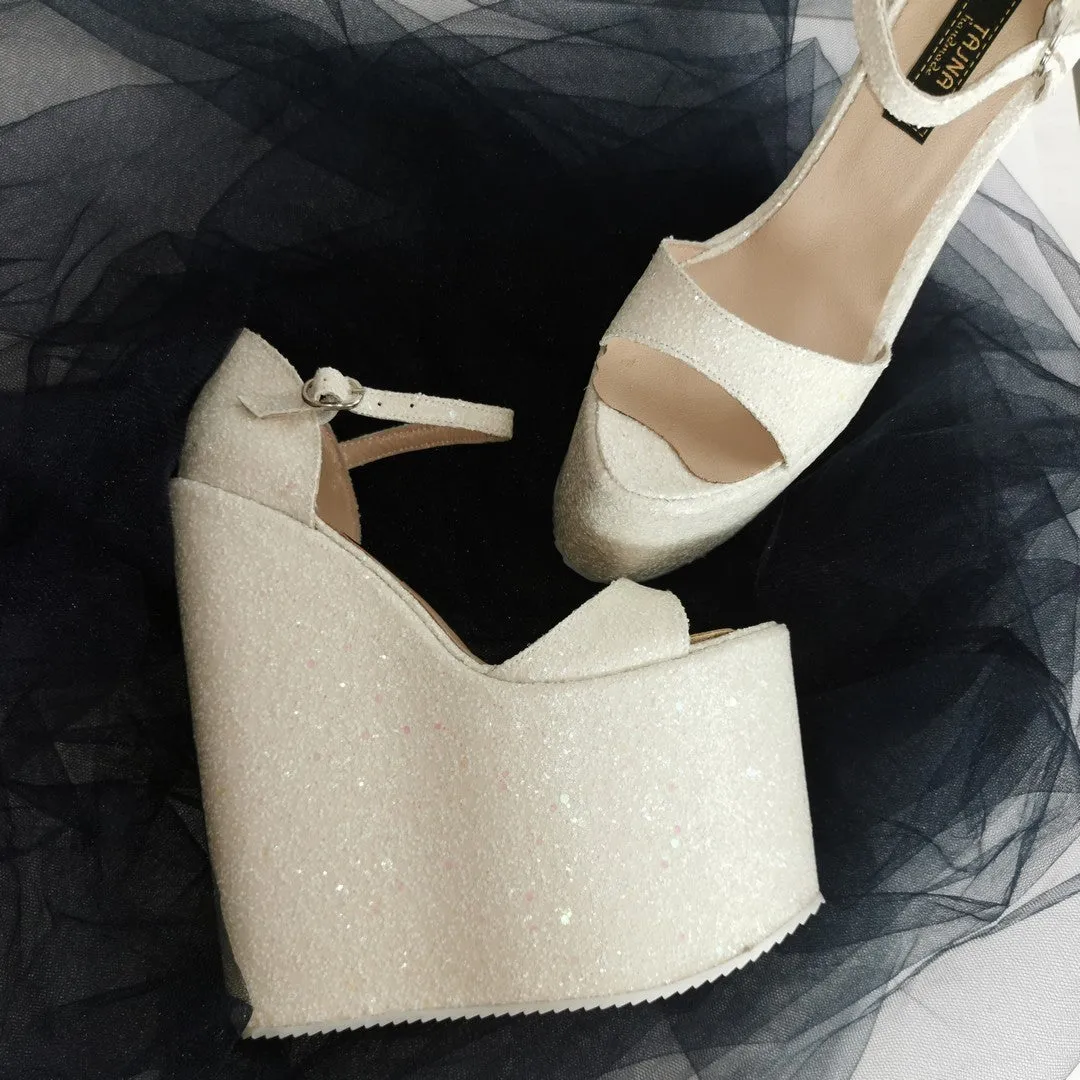 White Shiny  Strap Wedge Bridal Shoes