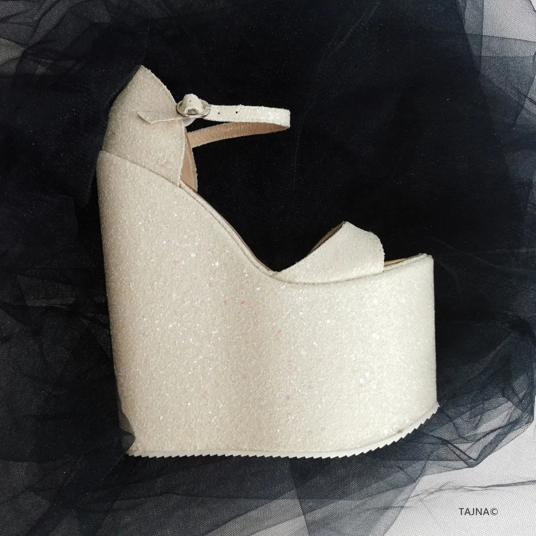 White Shiny  Strap Wedge Bridal Shoes