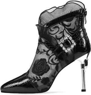 WOilERQ Ethnic Style Women's Embroidered Boots Sexy Lace Mesh High Heel Sandals Mesh Heel Boots Stiletto Heels Ruffle Ankle Boots Hollow Back Zipper Ribbon Sandals,Black,36