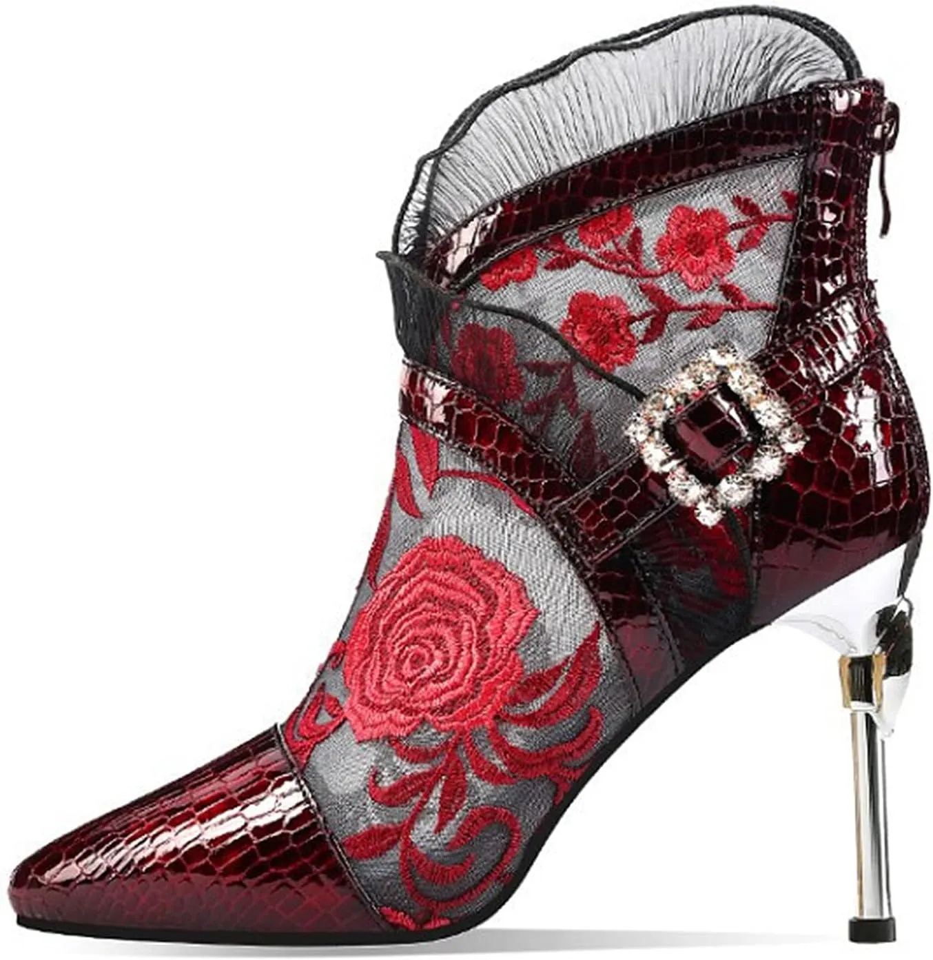 WOilERQ Ethnic Style Women's Embroidered Boots Sexy Lace Mesh High Heel Sandals Mesh Heel Boots Stiletto Heels Ruffle Ankle Boots Hollow Back Zipper Ribbon Sandals,Red,40