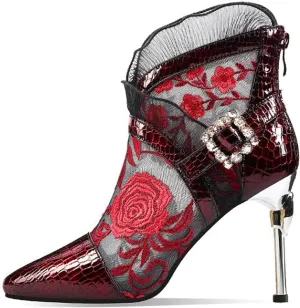 WOilERQ Ethnic Style Women's Embroidered Boots Sexy Lace Mesh High Heel Sandals Mesh Heel Boots Stiletto Heels Ruffle Ankle Boots Hollow Back Zipper Ribbon Sandals,Red,40