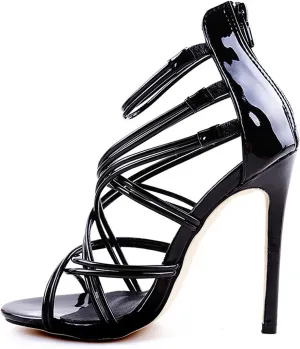 WOilERQ Women's Stiletto Heel High Heel Open Toe Crossed Ankle Strap Flat High Heels Fish Mouth Patent Leather Shallow Mouth Single Shoes Side High-Heeled Sandals,Black,40