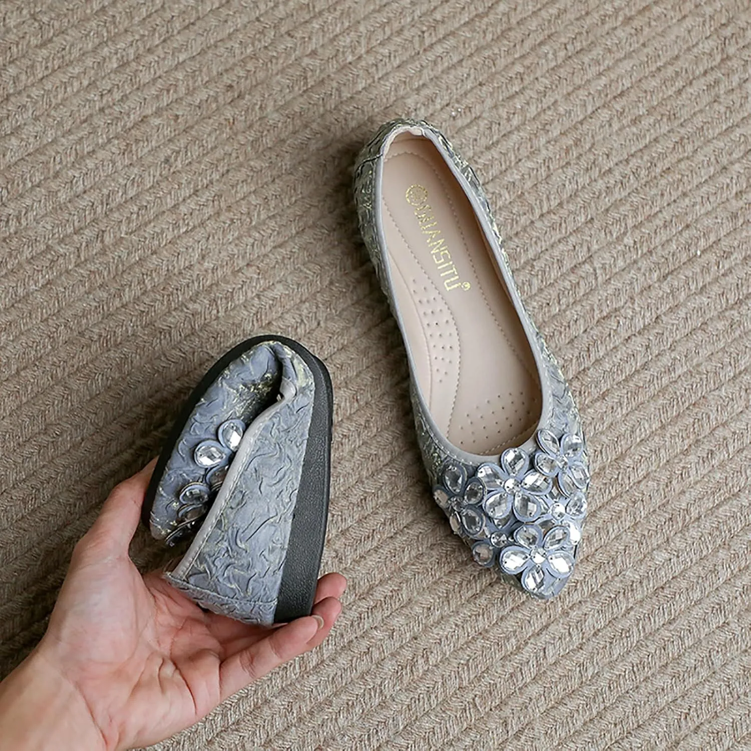 Women Ballet Flats Bling Cute Rhinestone Wedding Ballerina Shoes Foldable Sparkly Comfort Slip on Flat Shoes