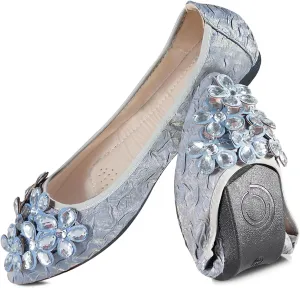 Women Ballet Flats Bling Cute Rhinestone Wedding Ballerina Shoes Foldable Sparkly Comfort Slip on Flat Shoes