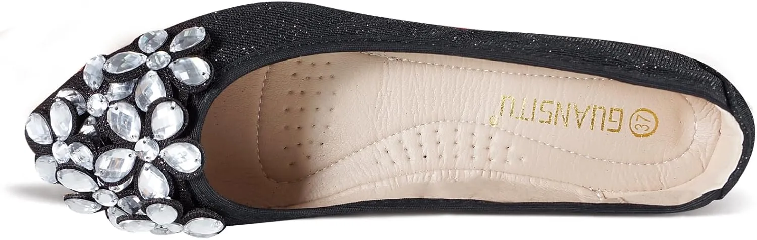 Women Ballet Flats Bling Cute Rhinestone Wedding Ballerina Shoes Foldable Sparkly Comfort Slip on Flat Shoes