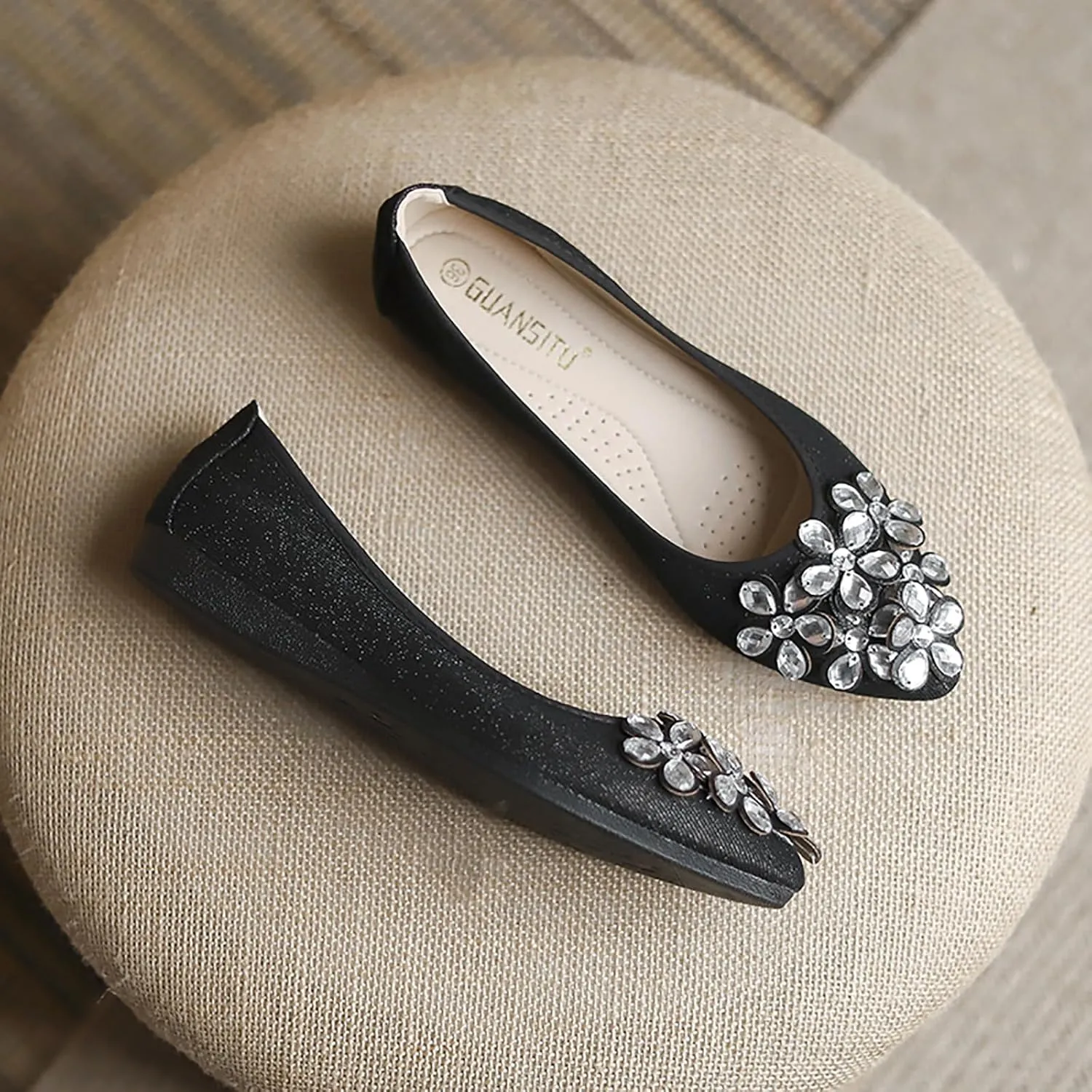 Women Ballet Flats Bling Cute Rhinestone Wedding Ballerina Shoes Foldable Sparkly Comfort Slip on Flat Shoes