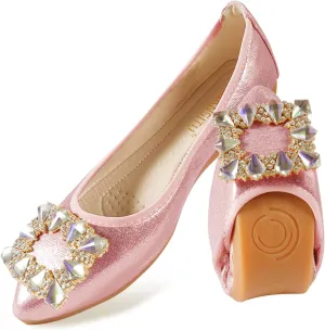 Women Ballet Flats Buckle Rhinestone Wedding Ballerina Shoes Foldable Sparkly Comfort Slip on Flat Shoes