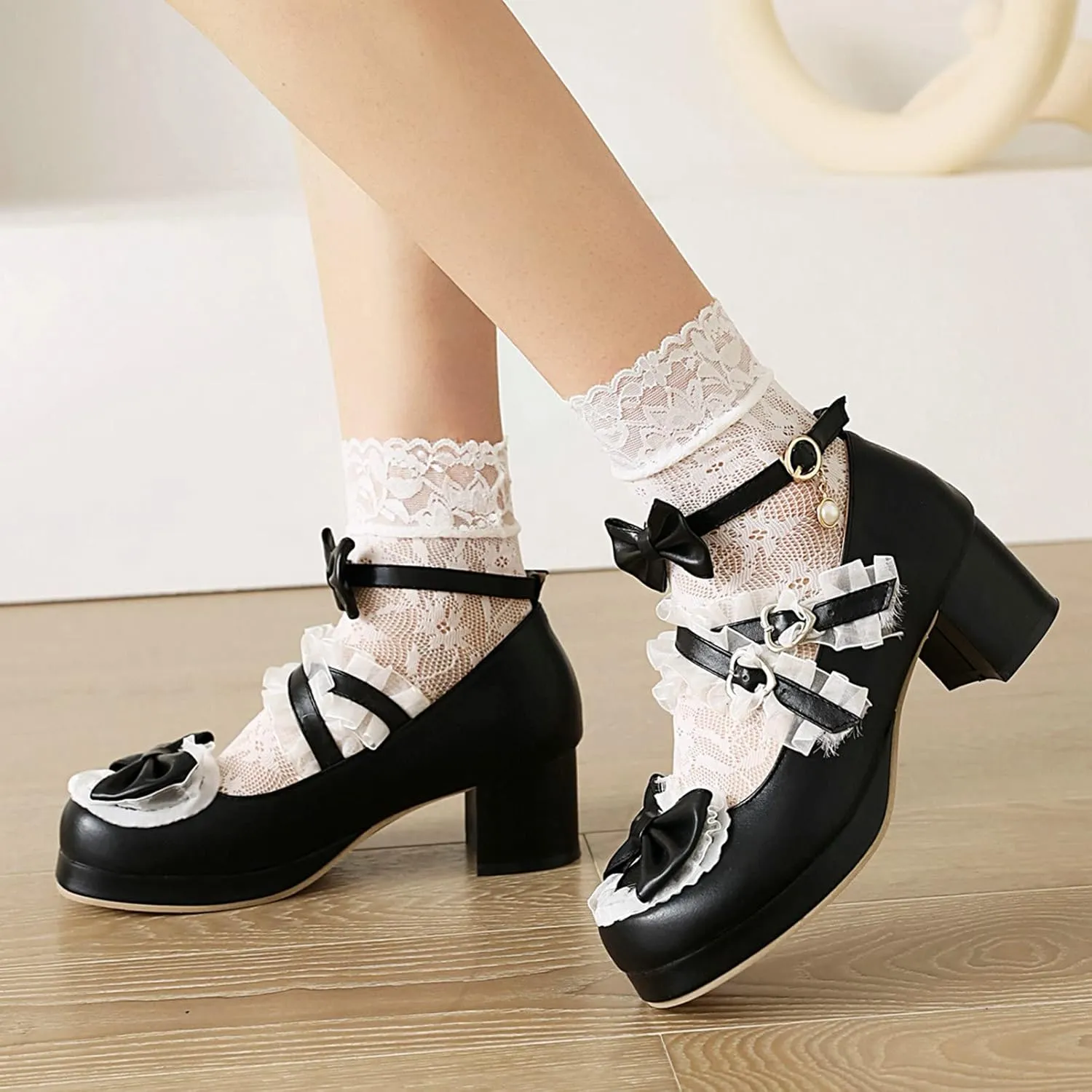 Women Cute Lolita Shoes Platform Mary Janes Kawaii Strappy Ankle Strap Sweet Pumps Lace Cross Tied Dress Pumps