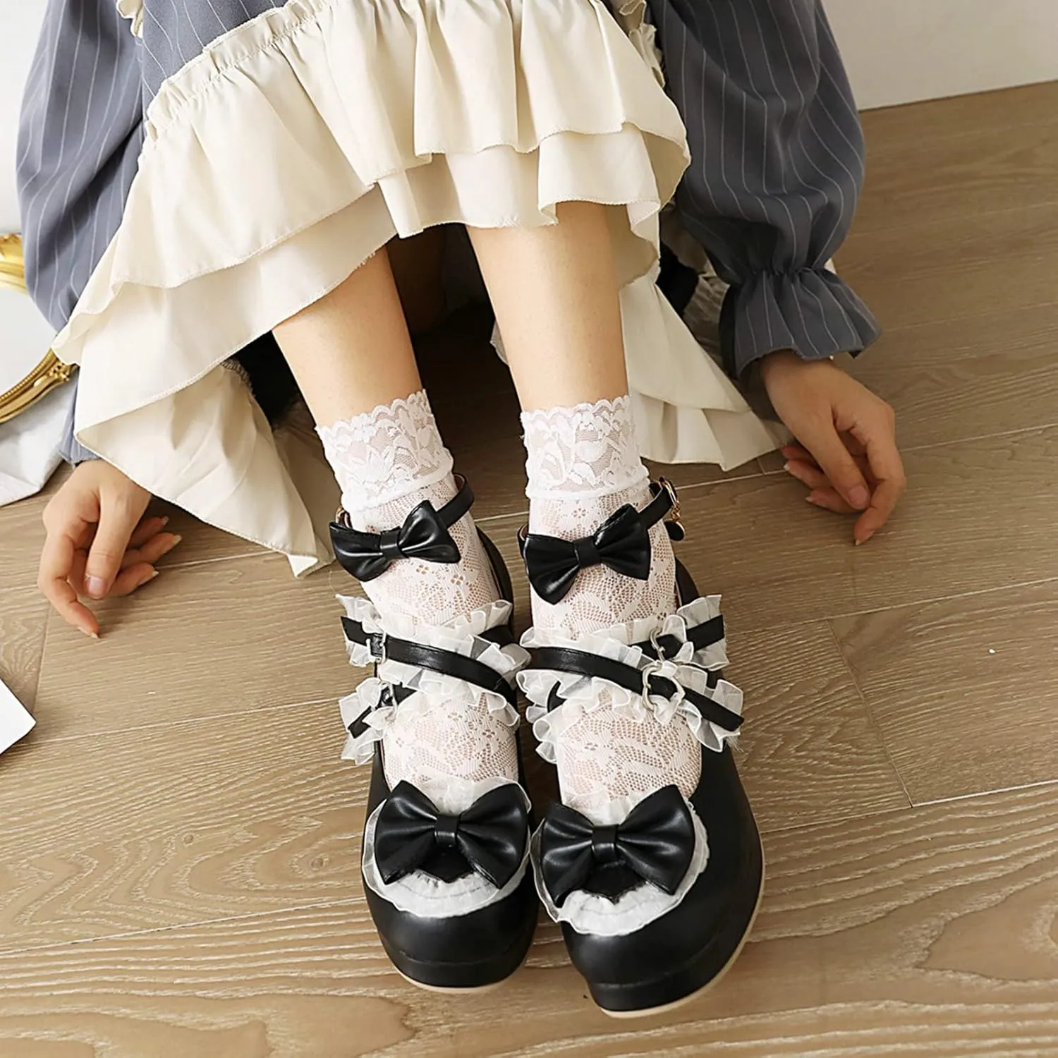 Women Cute Lolita Shoes Platform Mary Janes Kawaii Strappy Ankle Strap Sweet Pumps Lace Cross Tied Dress Pumps