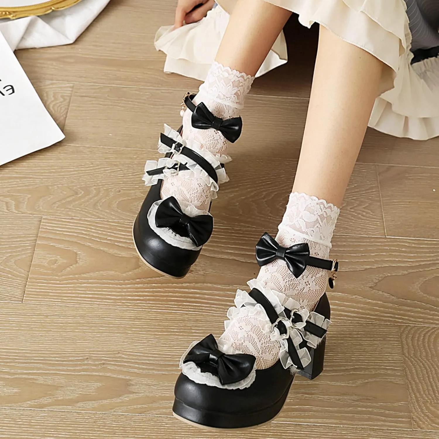 Women Cute Lolita Shoes Platform Mary Janes Kawaii Strappy Ankle Strap Sweet Pumps Lace Cross Tied Dress Pumps