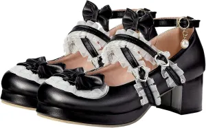 Women Cute Lolita Shoes Platform Mary Janes Kawaii Strappy Ankle Strap Sweet Pumps Lace Cross Tied Dress Pumps
