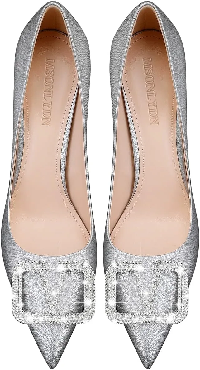 Women High Stiletto Heels Pointed Toe Pumps, Sheepskin Slip-on Wedding Dress Party Pumps Closed Toe Shoes