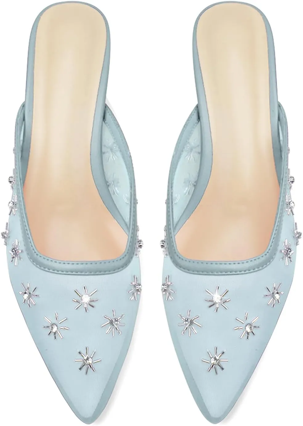 Women Kitten Heel Mules Crystal Flower Decor Mesh Pointed Toe Low Heel Pumps