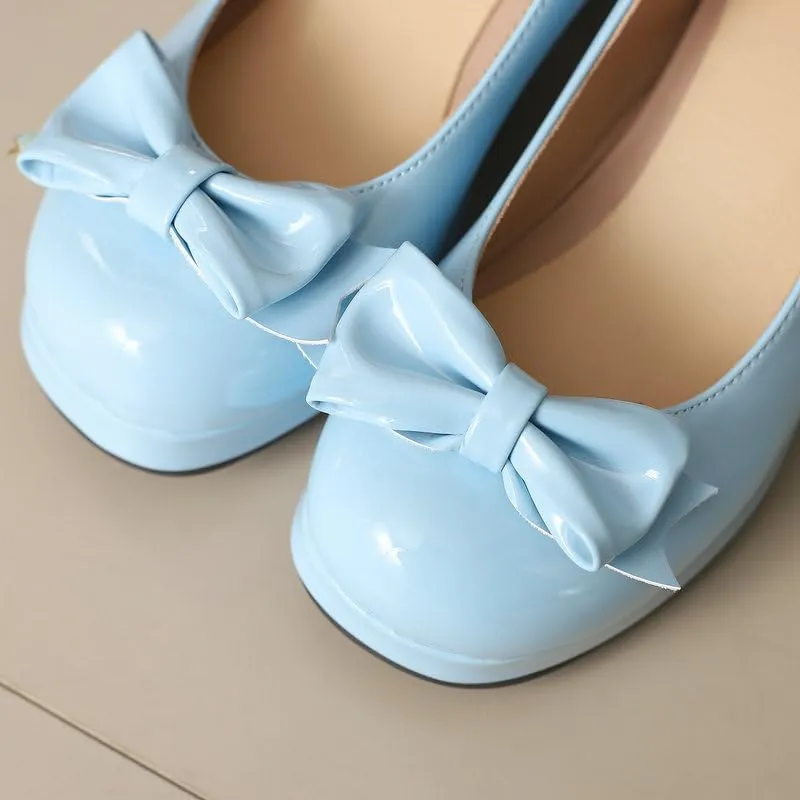 Women Lolita Pumps Comfortable Chunky Medium Heel Kawaii Platform Shoes Strappy Bowknot Decort