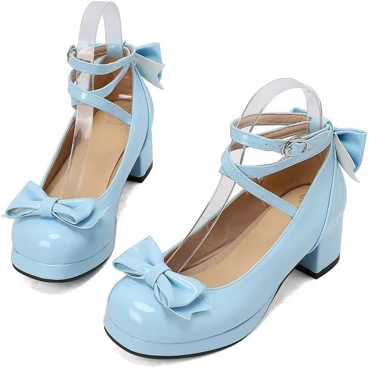 Women Lolita Pumps Comfortable Chunky Medium Heel Kawaii Platform Shoes Strappy Bowknot Decort