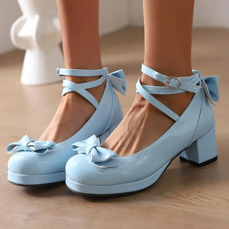 Women Lolita Pumps Comfortable Chunky Medium Heel Kawaii Platform Shoes Strappy Bowknot Decort