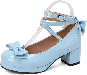 Women Lolita Pumps Comfortable Chunky Medium Heel Kawaii Platform Shoes Strappy Bowknot Decort