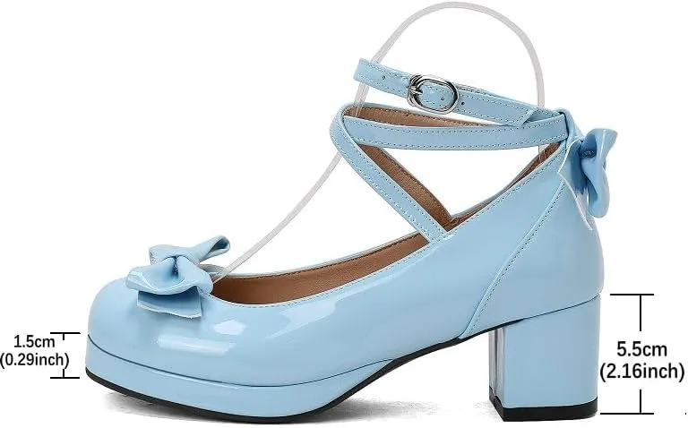 Women Lolita Pumps Comfortable Chunky Medium Heel Kawaii Platform Shoes Strappy Bowknot Decort