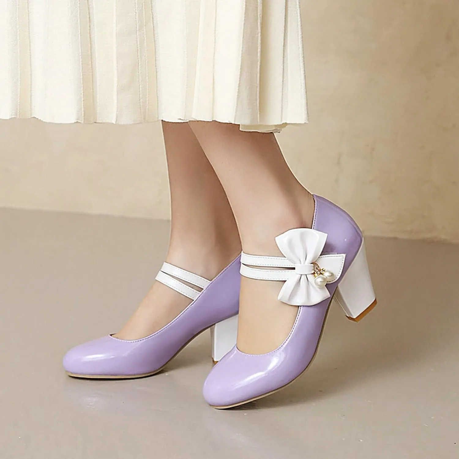 Women Round Toe Mary Jane Pumps Ankle Strap Sweet Bow Patchwork Elegant Chunky High Heel Dress Shoes