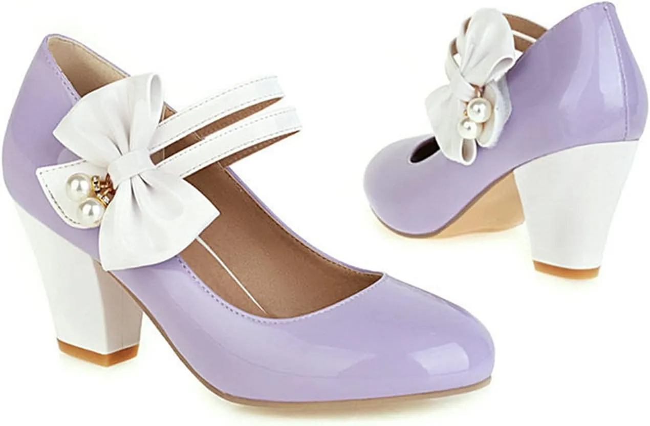 Women Round Toe Mary Jane Pumps Ankle Strap Sweet Bow Patchwork Elegant Chunky High Heel Dress Shoes