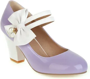 Women Round Toe Mary Jane Pumps Ankle Strap Sweet Bow Patchwork Elegant Chunky High Heel Dress Shoes