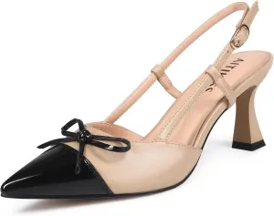 Women' s Closed Kitten Heels, Pointed Toe Bow Pumps Wedding Slingback High Heeled Prom Dress Shoes