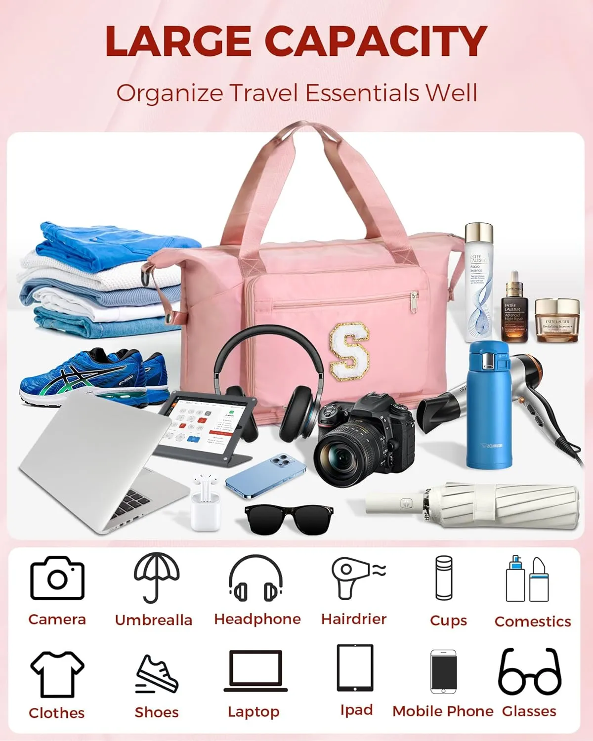 Women& Tween Girls Gifts Trendy Stuff, Carry On Duffle Bag for Airplanes Women, Cute Personalized Travel Essentials Duffel Carry On Over Night Fodable Bag for Preppy Teen Kids -Pink S