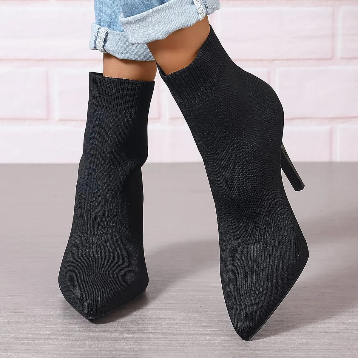 Women's Ankle Boots Stretch Elastic Knit Pointed Toe Stiletto Heel Breathable Fashion Sock Booties