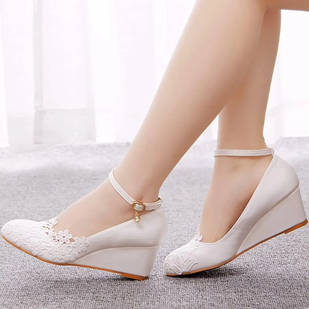Women's Ankle Strap Buckle Wedges Heel Bridesmaid Wedding Shoes, Sexy Dress Bridal Heels, Closed Toe Bride Pumps