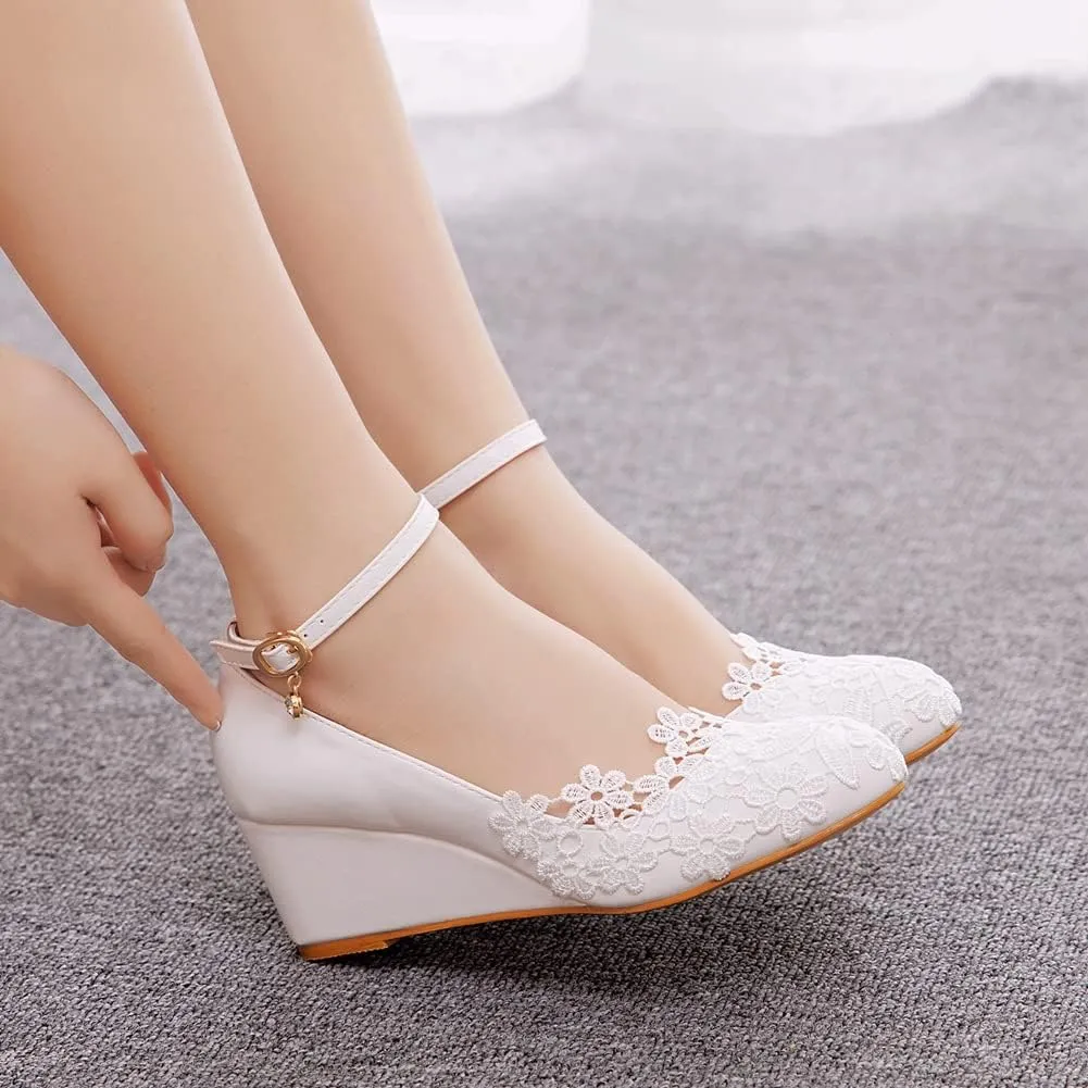 Women's Ankle Strap Buckle Wedges Heel Bridesmaid Wedding Shoes, Sexy Dress Bridal Heels, Closed Toe Bride Pumps