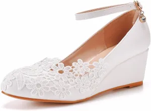 Women's Ankle Strap Buckle Wedges Heel Bridesmaid Wedding Shoes, Sexy Dress Bridal Heels, Closed Toe Bride Pumps