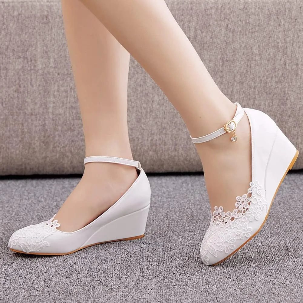 Women's Ankle Strap Buckle Wedges Heel Bridesmaid Wedding Shoes, Sexy Dress Bridal Heels, Closed Toe Bride Pumps