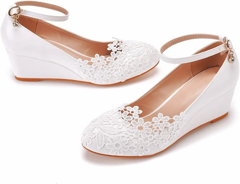 Women's Ankle Strap Buckle Wedges Heel Bridesmaid Wedding Shoes, Sexy Dress Bridal Heels, Closed Toe Bride Pumps