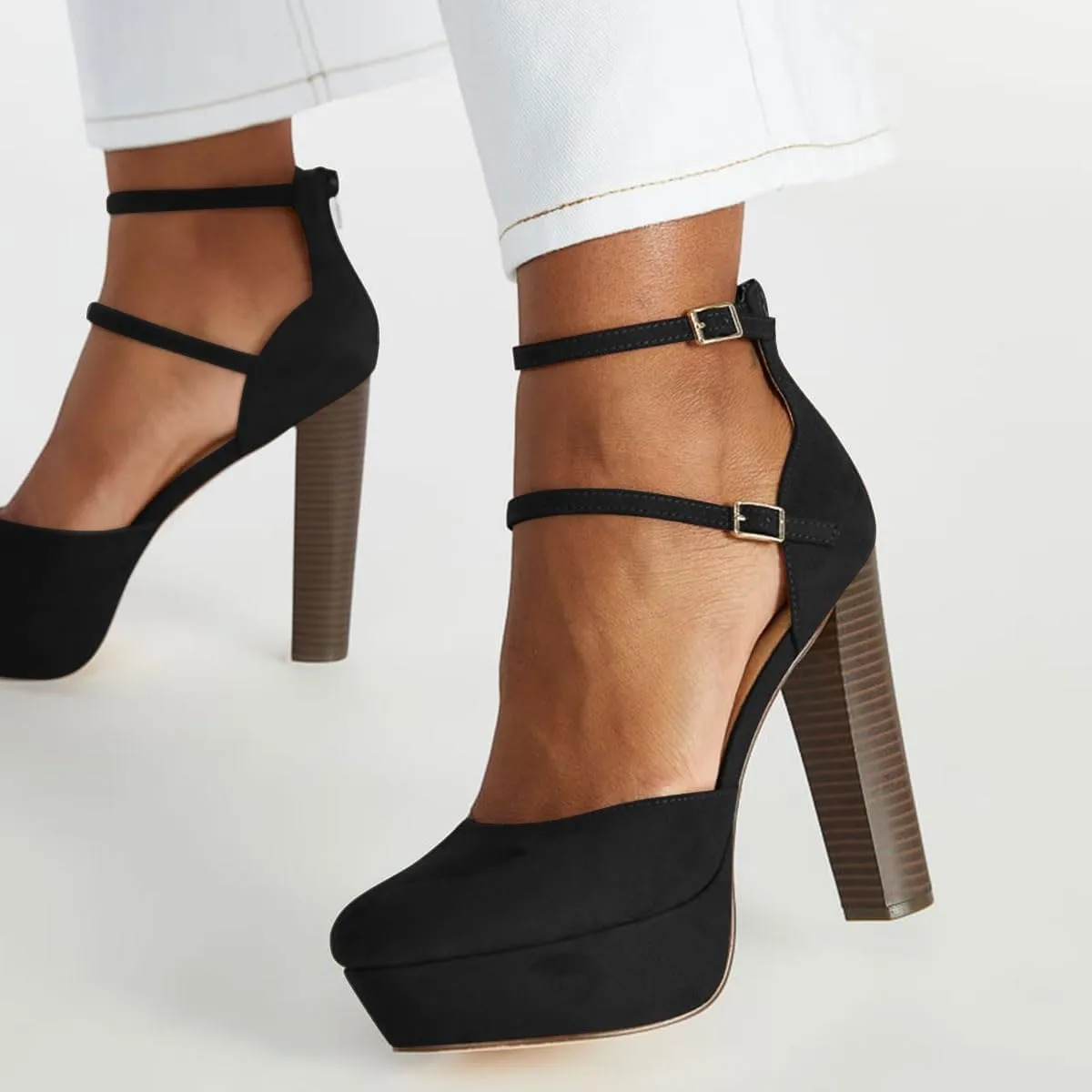 Women’s Ankle Strap Pumps High Chunky Heel Platform D’Orsay Pointed Toe Buckle Shoes Party Prom Evening Size 4-16 US
