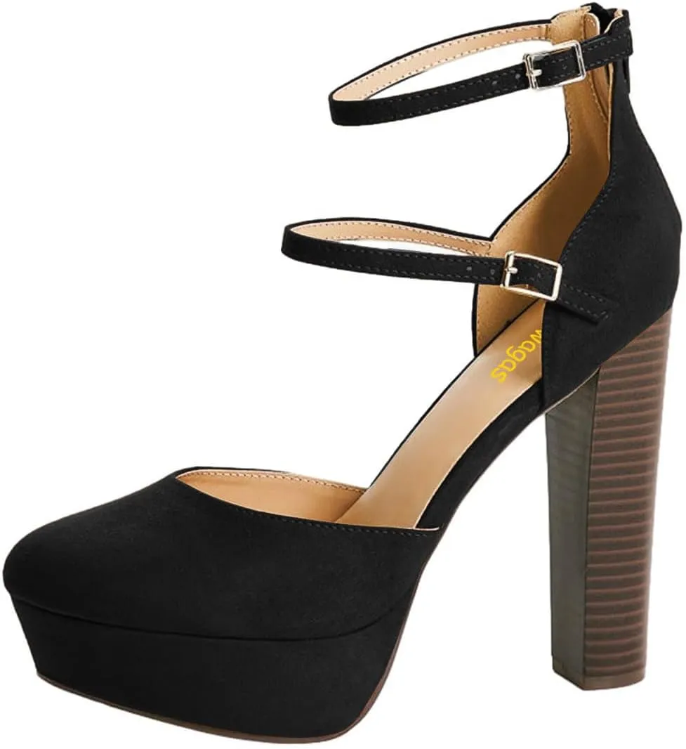 Women’s Ankle Strap Pumps High Chunky Heel Platform D’Orsay Pointed Toe Buckle Shoes Party Prom Evening Size 4-16 US