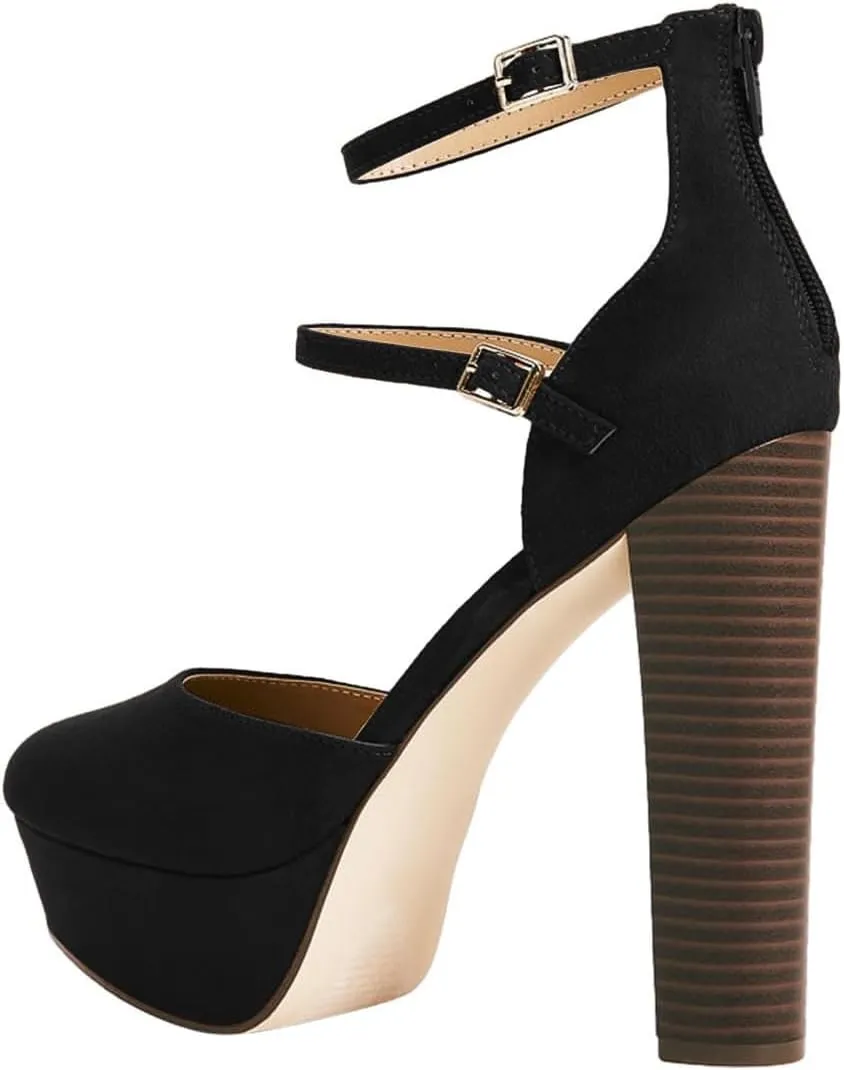 Women’s Ankle Strap Pumps High Chunky Heel Platform D’Orsay Pointed Toe Buckle Shoes Party Prom Evening Size 4-16 US