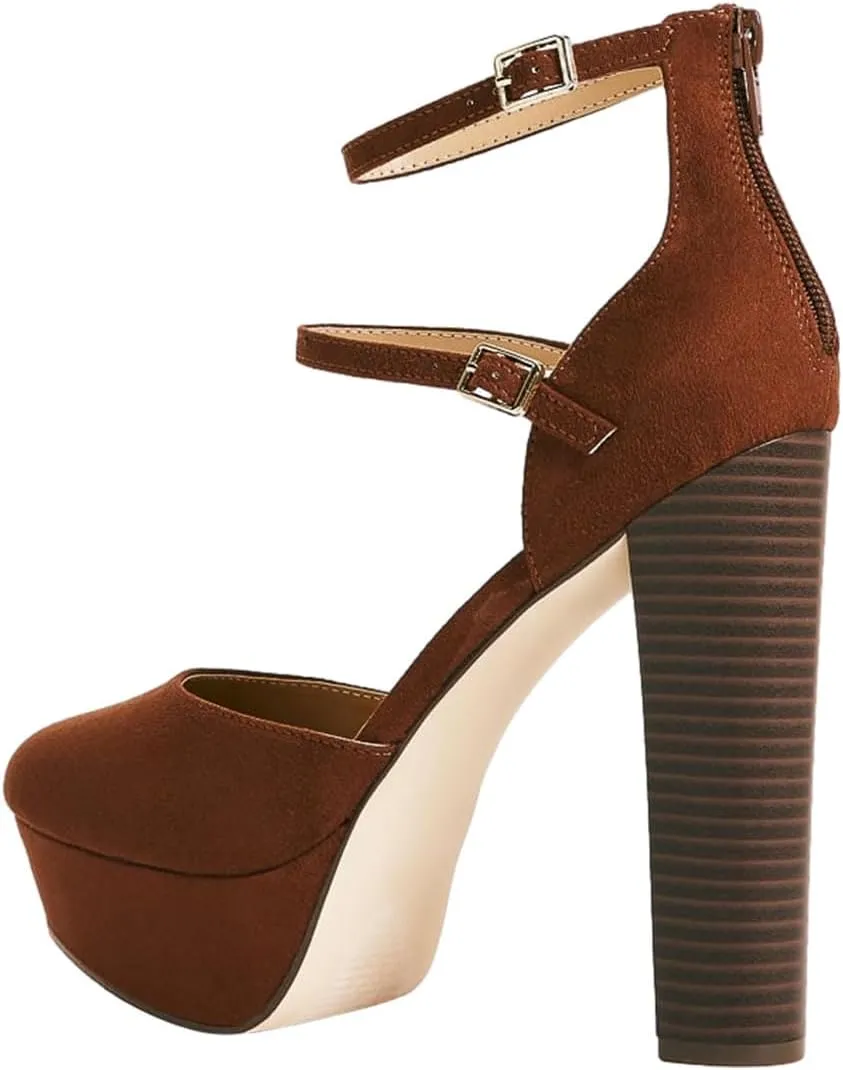 Women’s Ankle Strap Pumps High Chunky Heel Platform D’Orsay Pointed Toe Buckle Shoes Party Prom Evening Size 4-16 US