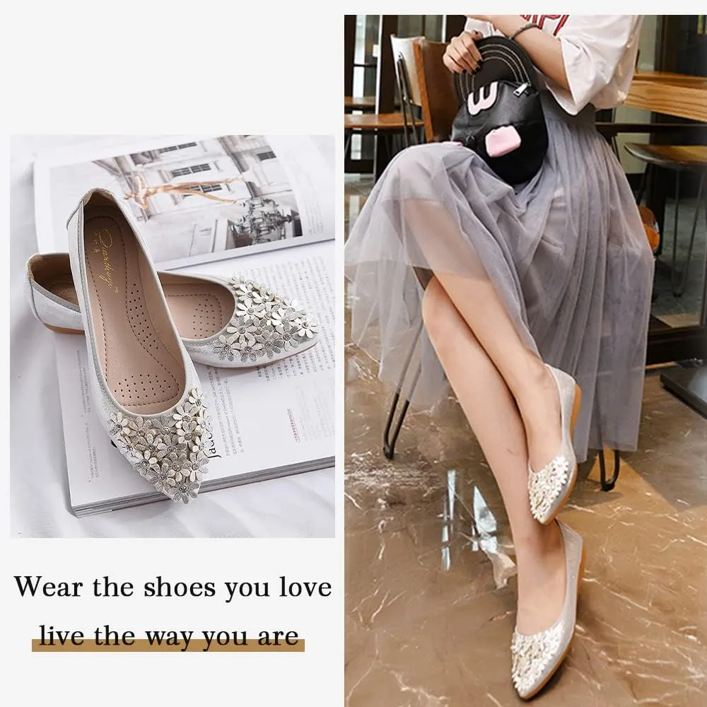 Women's Ballet Flats Foldable Casual Sparkly Rhinestone Wedding Ballerina Shoes Comfort Slip on Walking Flat Shoes