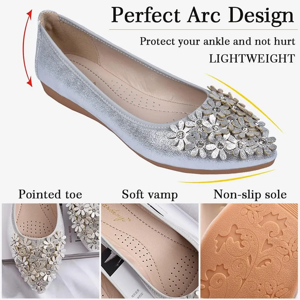 Women's Ballet Flats Foldable Casual Sparkly Rhinestone Wedding Ballerina Shoes Comfort Slip on Walking Flat Shoes