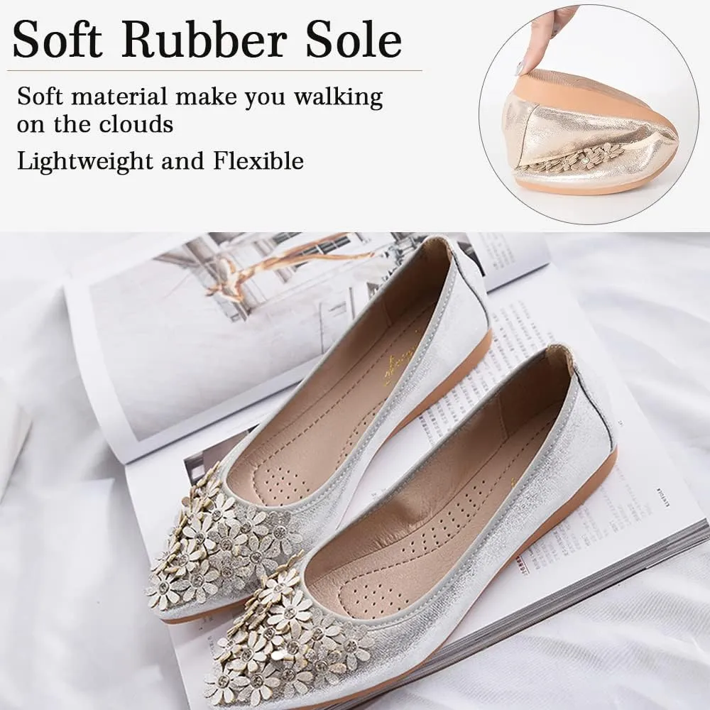 Women's Ballet Flats Foldable Casual Sparkly Rhinestone Wedding Ballerina Shoes Comfort Slip on Walking Flat Shoes