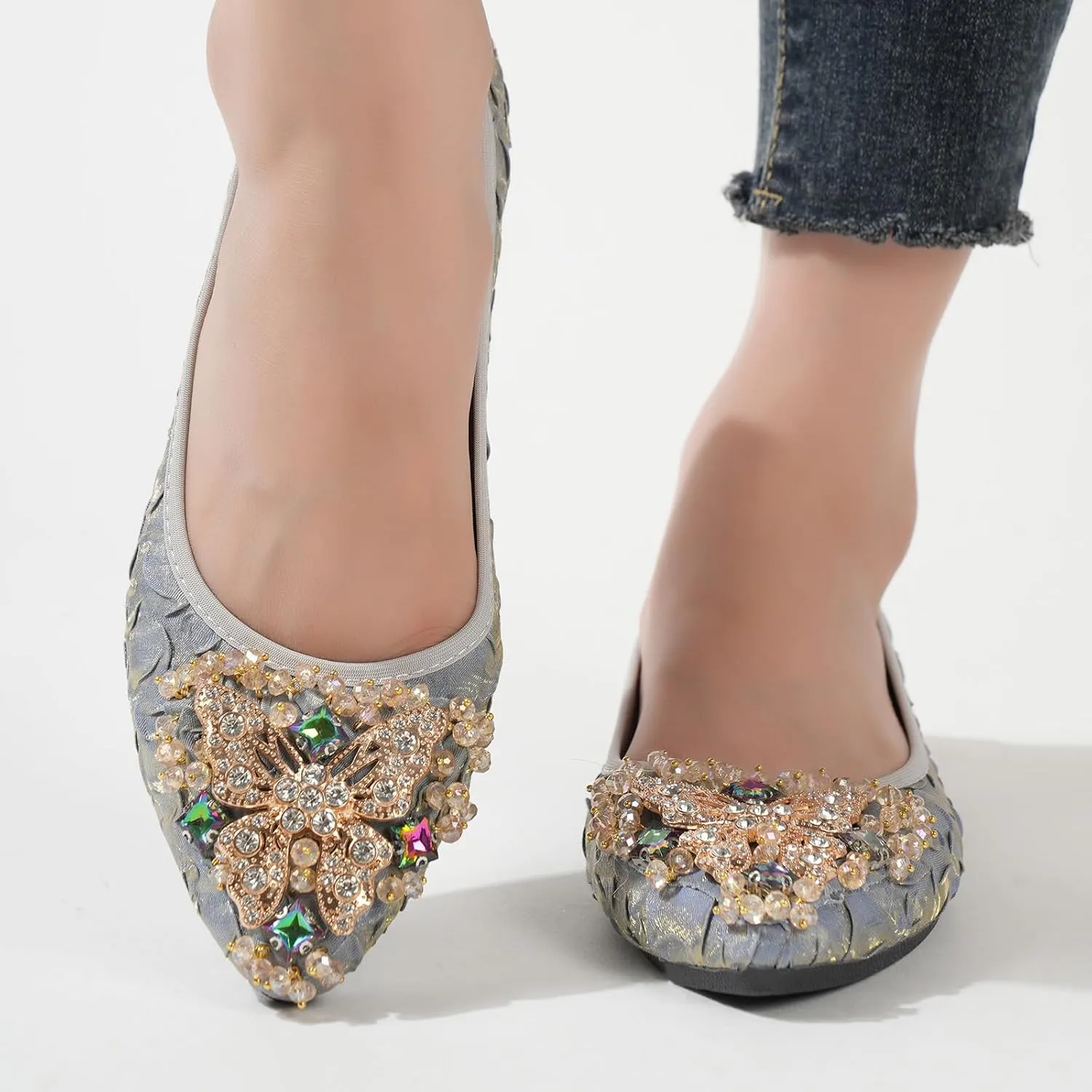 Womens Ballet Flats Foldable Rhinestone Pointed Toe Comfortable Slip on Wedding Flat Shoes Dress Flats for Women