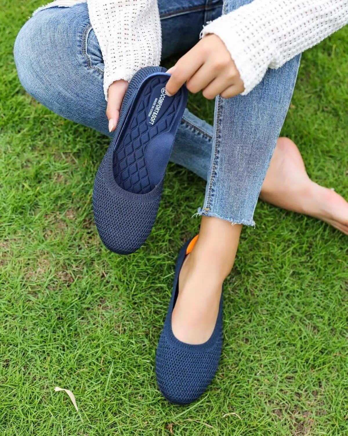 Women's Ballet Flats Knit Dress Shoes Soft Work Comfort Ballerina Slip-on Walking Shoes with Arch Support
