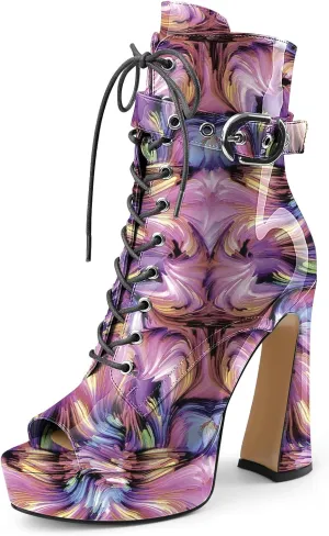 Women's Black Ankle Boots Platform Lace-Up Short Boot Chunky High Heel Open Peep Toe Booties Shoes with Side Zipper and Strap Buckle for Ladies Sexy Cute