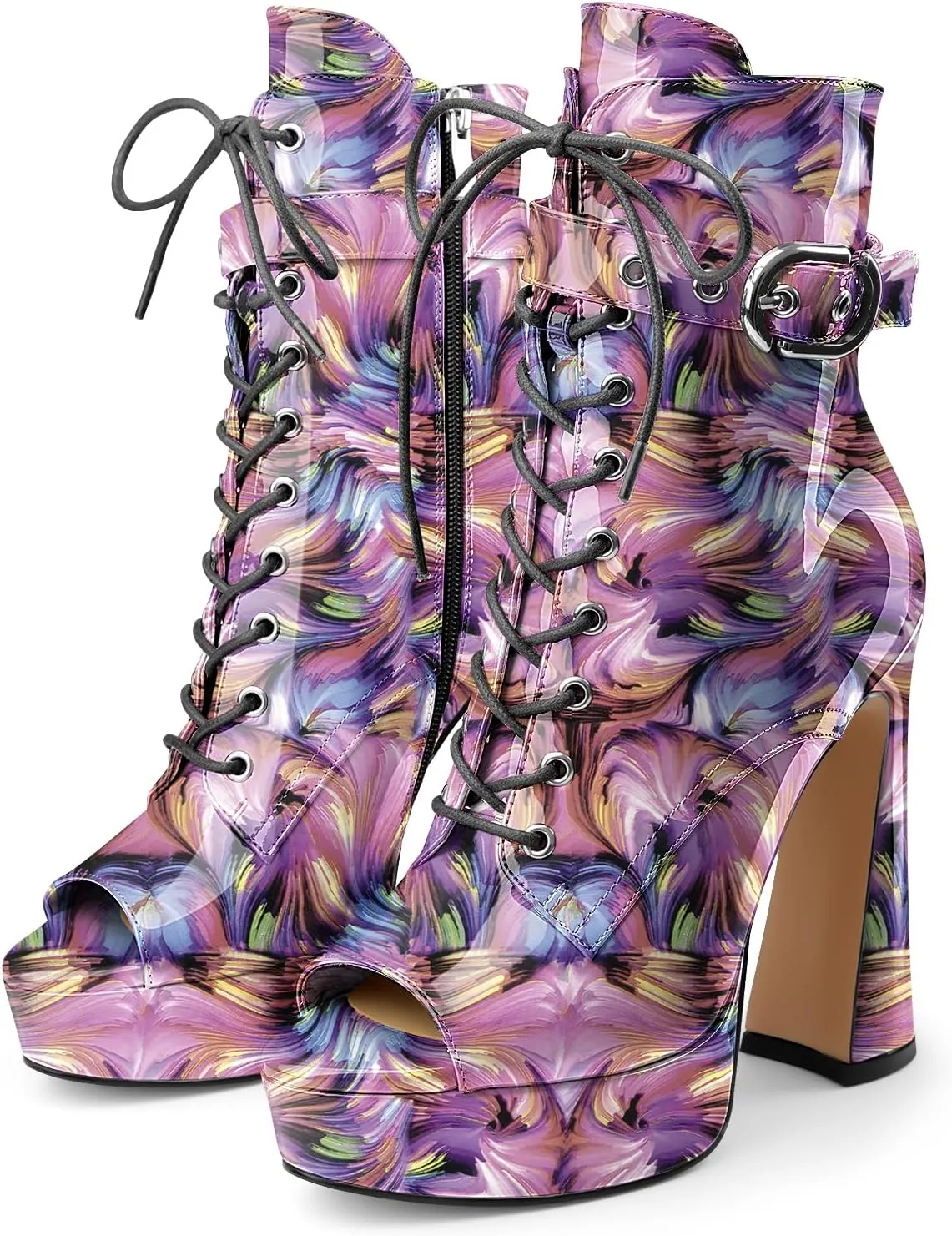 Women's Black Ankle Boots Platform Lace-Up Short Boot Chunky High Heel Open Peep Toe Booties Shoes with Side Zipper and Strap Buckle for Ladies Sexy Cute